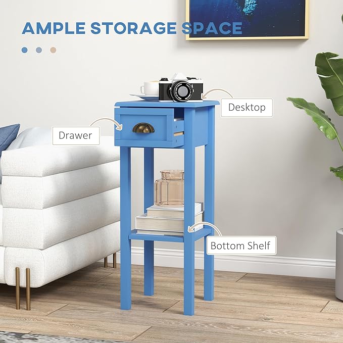 HOMCOM Narrow End Table with Drawer and Bottom Shelf, Slim Side Table for Small Spaces, Skinny Modern Space-Saving Accent Desk for Living Room, Set of 1, Light Blue