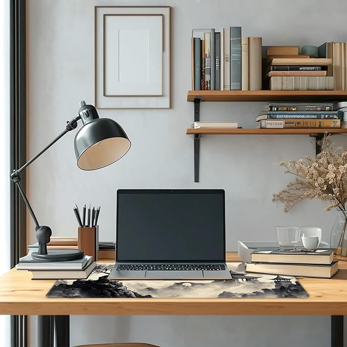 Long Gaming Mouse Pad Extended Anime Large Desk Pad with Non-Slip Base Full Keyboard Mat with Stitched Edges for Gaming and Office 31.5 x 11.8 inches (Black Ink Painting)