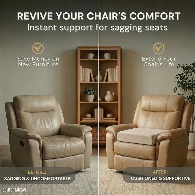 Soft 20x20x5 Memory Foam Recliner Chair Seat Cushion for Long Sitting - Armchair Pad with Washable Velvety Cover & Non-Slip Base for Seniors & Elderly - Beige