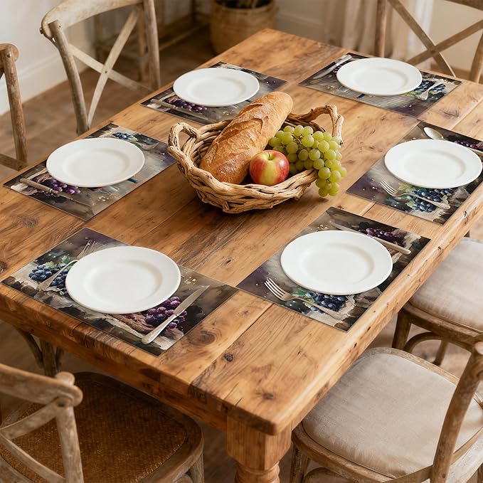 Watercolor Wine and Cheese Linen Placemats Set of 6, Decorative Table Mats 12x18 Inch, Washable Heat Resistant Placemats for Dining Table Kitchen Home Decor