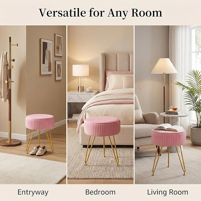 Velvet Vanity Stool, Modern Ottoman Foot Rest Stool with Adjustable Golden Legs, Makeup Chair for Vanity, Multifunctional Small Vanity Chair for Bedroom, Pink