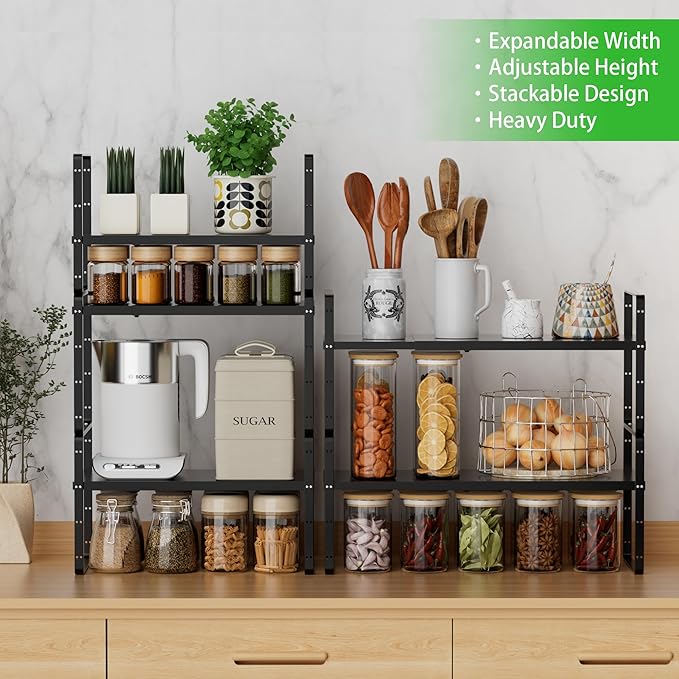 Expandable Cabinet Storage Shelf Stackable Organizer Rack for Kitchen Bathroom Pantry Spice Cupboard Countertop Home Office Desk Heavy Duty Nonslip Black Small 1 PACK