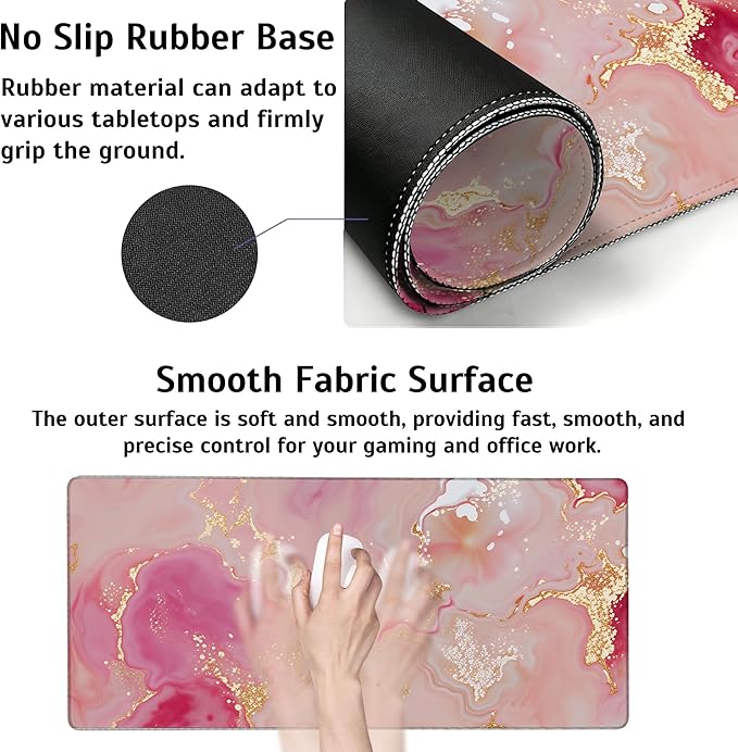Large Gaming Mouse Pad Pink Gold Marble Desk Mat,Non-Slip Rubber Base Stitched Edges,Extended Mousepad for PC,Laptop,Office,Home Decor(31.5 x 11.8 Inch)