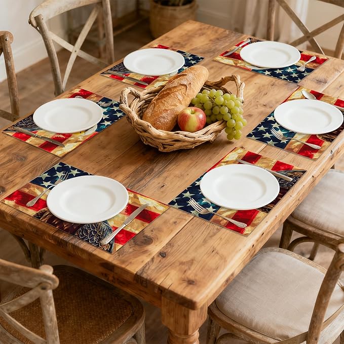 Linen Placemats Set of 6, Eagle Retro American Flag Washable Table Mats 12x18 Inch, Heat Resistant Non Slip Placemats for Dining Table Kitchen Everyday Use