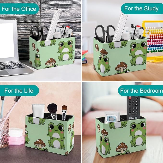 Square Pen Holder with Anti-Slip Bottom Cute Green Frog Mushroom, Practical and Chic Desk Organizer