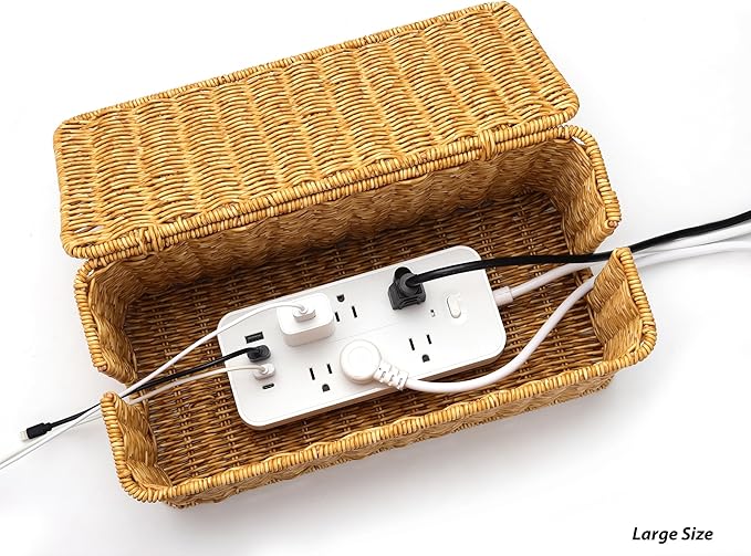 2Pack Large Cable Management Box, Handwoven Imitation Rattan Cord Organizer Cord Hider Box, Desk Wire Management to Hide Cords and Power Strips, Natural