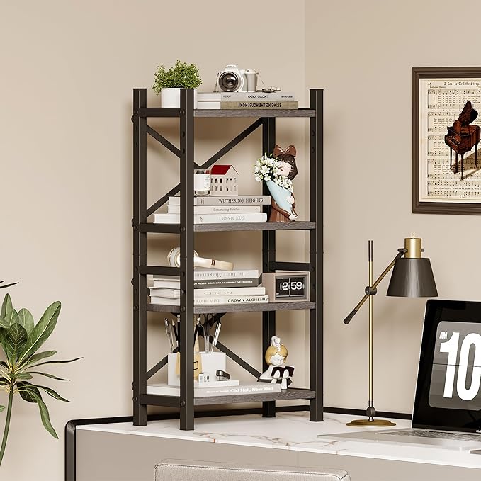 Desktop Bookshelf, 4-Tier Stackable Narrow Bookcase, Adjustable Industrial Desk Organizer & Hutch - Rustic Brown Wood Desktop Book Organizer for Living Room, Bedroom & Home Office