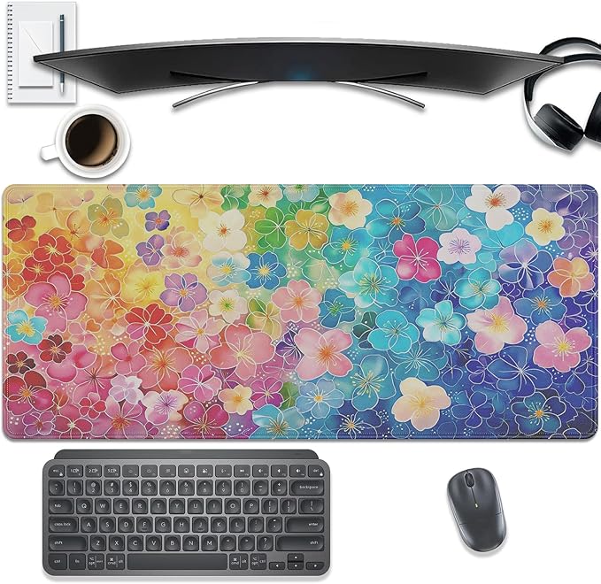 Colorful Floral Large Mouse Pad Desk Pad, 27.5x11.8in Vibrant Rainbow Flower Extended Keyboard Mousepad with Stitched Edges, Non-Slip Waterproof Rubber Base for Office, Computer, Laptop & Home