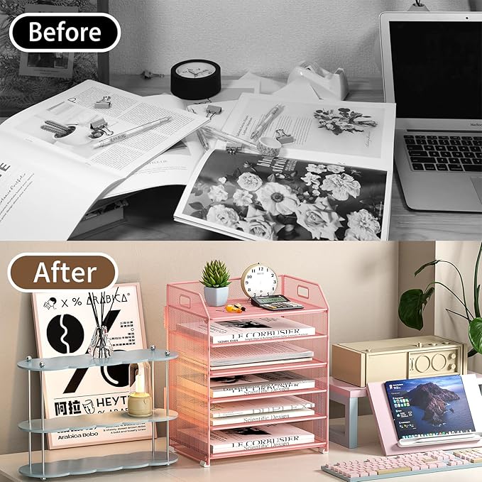 6 Trays Paper Organizer Letter Tray with Pull-Out Drawer, Assembled Mesh Desk File Holder, Metal Paper Sorter for Office Documents, Pink