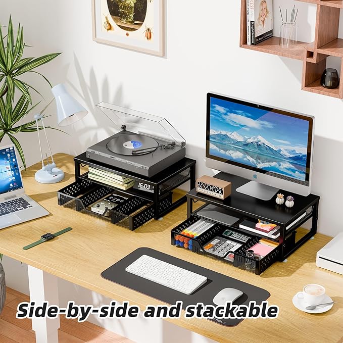Simple Trending Desk Organizer and Accessories, Computer Monitor Stand Riser with Drawer, Metal Laptop Stand for Desk, Black