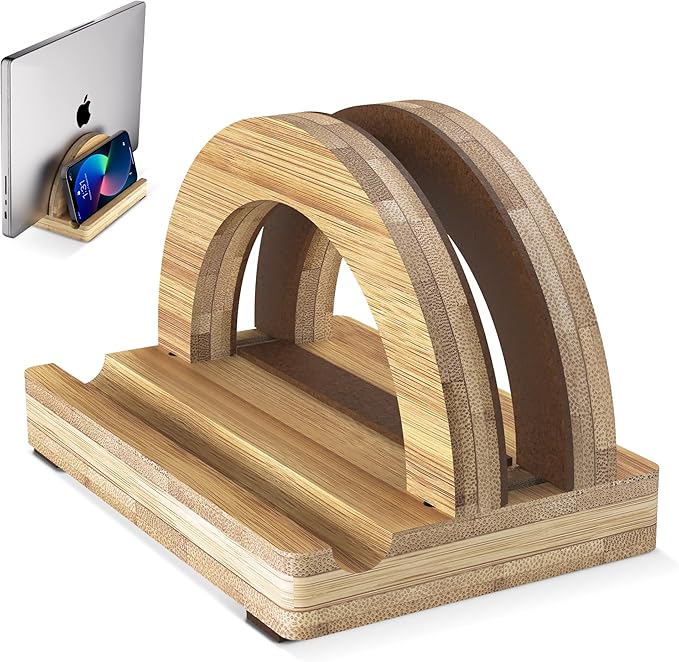 Kothar Premium Wood Vertical Laptop Stand - Adjustable Single Slot Bamboo Holder for MacBook, Dell, HP, and More | Space-Saving Desktop Organizer | Eco-Friendly, Sleek & Durable Design