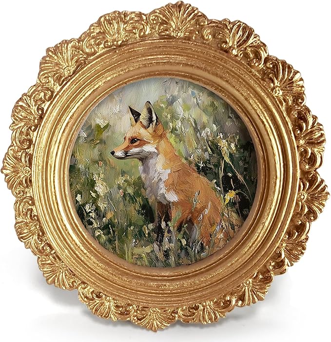 Vintage Fox Round Picture Frame Wall Decor, Rustic Farmhouse Gold Mini Ornate Photo Frame for TableTop Desk 2.7in Photo, Fall Framed Artwork for Walls Office Bedroom Cottage Shelf