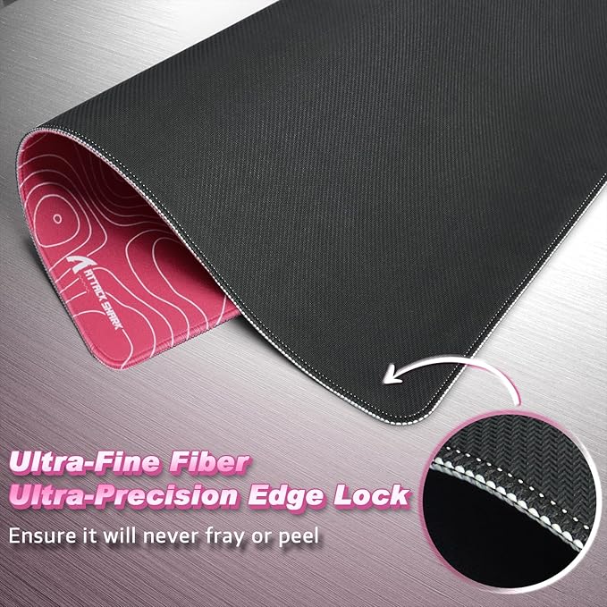 ATTACK SHARK CM02 Gaming Mouse Pad for Esports Speed Large Mouse mats for Desk Waterproof Surface Stitched Edges and Anti-Slip Rubber Base Size L Laminate 17.72” x 15.75” x 0.16” Pink Contour
