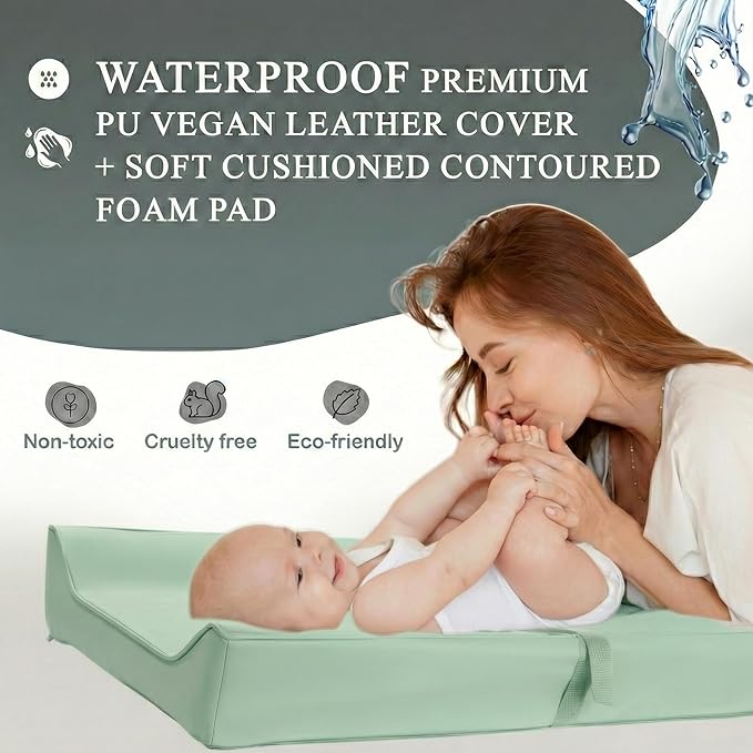 Vegan Leather Contoured Baby Changing Pad | Waterproof & Wipe-Clean PU Leather Diaper Change Mat, Soft, Wipeable Cover, Safety Strap, Non-Slip Bottom, Topper for Standard Infant Diaper Table & Dresser