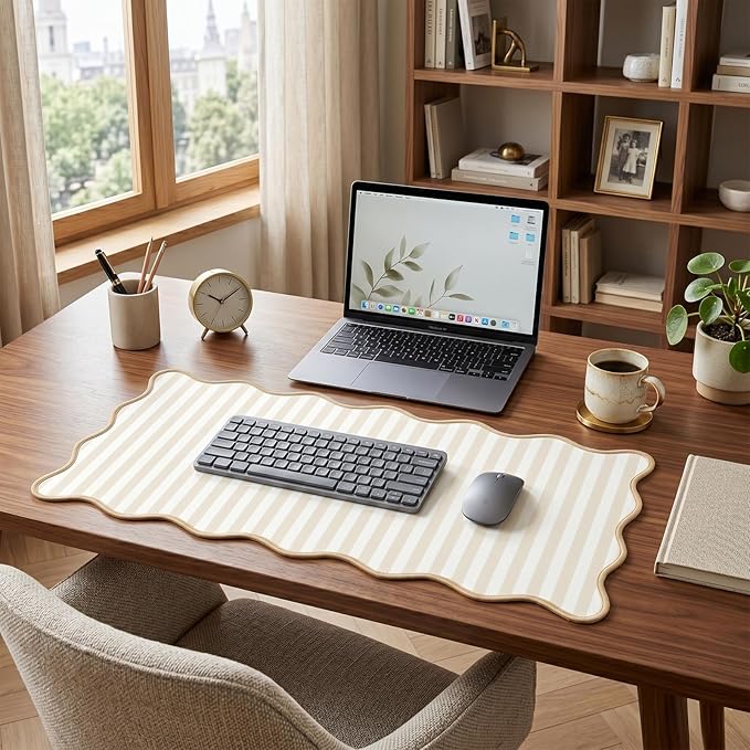 Scalloped Desk Mat Extended Large Cute Striped Mouse Pad Big Desk Pad XXL Aesthetic Stripe Mousepad Gaming Mouse Pad for Keyboard Computer Laptop Home Office Accessories 35.4X15.7Inches Beige