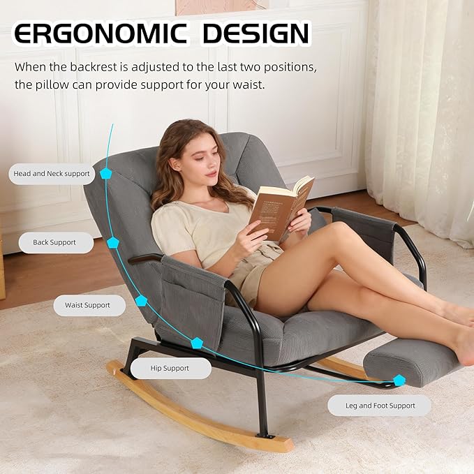 Oversized Reclining Rocking Chair with Foot Rest, 110°–160° Adjustable Backrest, Upholstered Armchair with Side Pocket for Nursery and Living Room, Grey