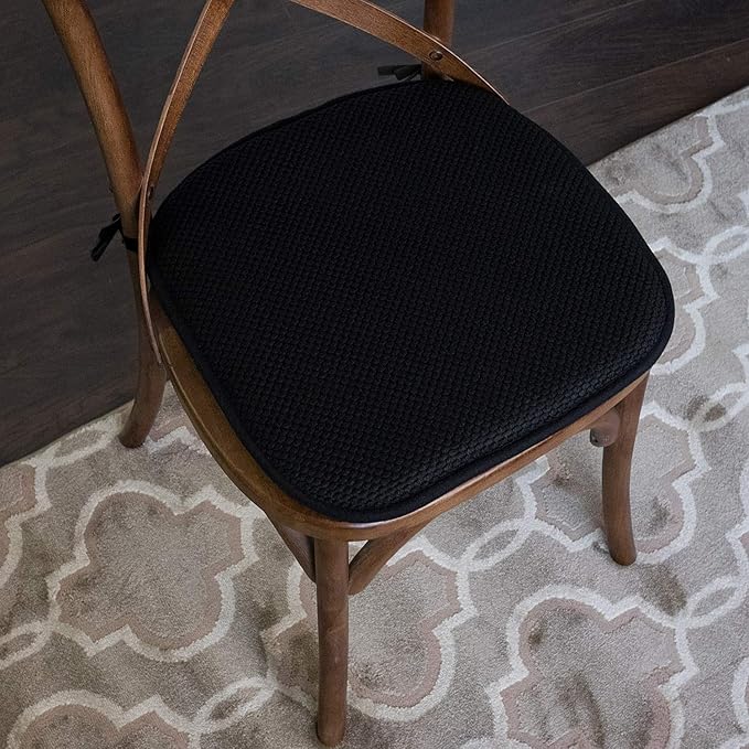 Sweet Home Collection Chair Cushion Memory Foam Pads with Ties Honeycomb Pattern Slip Non Skid Rubber Back Rounded Square 16" x 16" Seat Cover, 4 Pack, Black 4 Pack