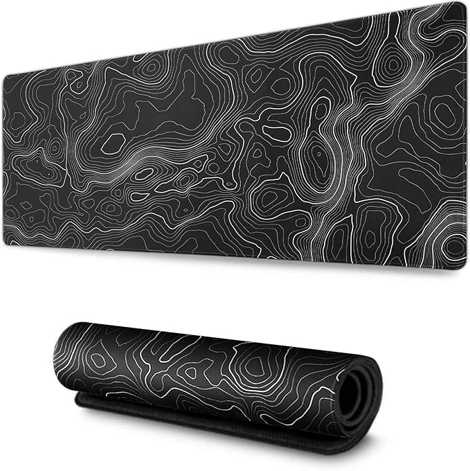 AQQA Topographic Gaming Mouse Pad (31.5 x 11.8 in) | Large Extended Desk Mat | Minimalist Black & White Contour Line Design | Non-Slip Rubber Base, Waterproof, Stitched Edges | for Gaming, Office