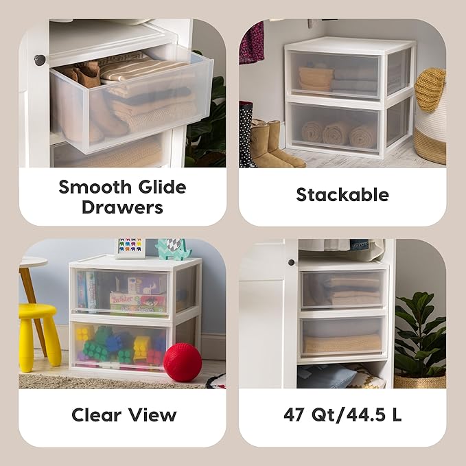 IRIS USA 47 Qt. Extra-Large Stackable Storage Drawer Plastic Drawer Organizer with Clear Doors, for Pantry Bedroom Closet Kitchen Under-Sink Home and Office De-Clutter Shoes and Crafts, White, 2-Pack