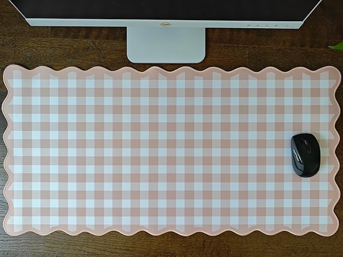 Scalloped‌ Checkered Desk Mat Cute Light Brown Gingham XXL Large Gaming Mouse Pad Farmhouse Cottagecore ‌Vintage‌ Keyboard Computer Mat Pad for Desktop Aesthetic Cozy Office Desk Decor