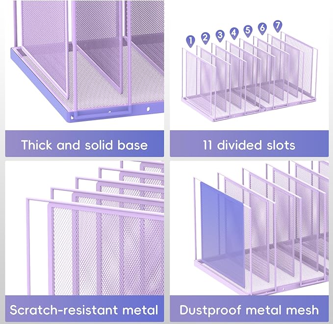 File Organizer for Desk, 7-Section Vertical File Sorter, Paper Holder Organizer Standing Metal File Folder for Office Home Classroom, Purple