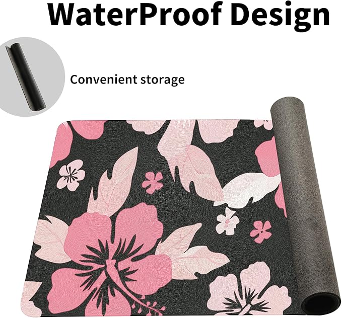 Hibiscus Flowers Desk Mat for Women, Large Waterproof PU Leather Desk Pad with Non-Slip Base, Artistic Office Keyboard Cover for Gaming & Home Work, Tropical Desk Decor (27.56 * 13.78in)