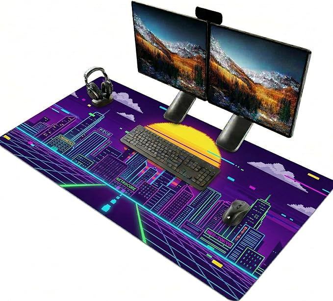 48x24in Retro Synthwave Mouse Pad, Neon City Extended Desk Mat, Non-Slip Waterproof Gaming Mousepad for Home Office & Gaming