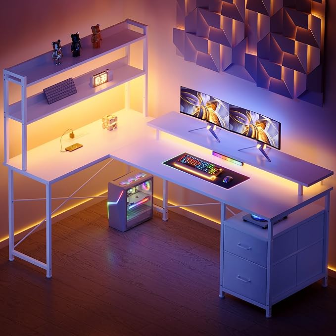 Maihail L Shaped Gaming Desk with Shelves,Reversible Computer Gaming Desk with LED Lights and Charging Station,Home Office Corner Desk with Monitor Stand,White