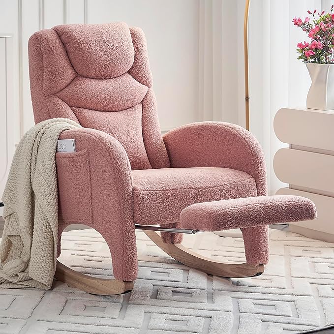 Comfy Rocking Chair Nursery Glider, Upholstered Nursery Chair with Foot Rest, Modern Rocker Chair with Pocket, Accent Armchair with Smooth Rocking Base for Nursing, Reading, Relaxing (Pink Teddy)