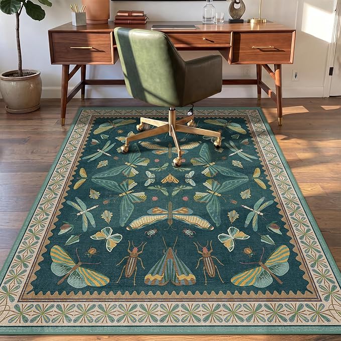 JTJ 4'x5' Teal Office Chair Mat for Hardwood Floors, Insect Boho Design,Non-Slip Low Pile Desk Rug, 48"x60" Small Area Rug for Computer Desk Home Office, Machine Washable WFH Essential for Dorm Room