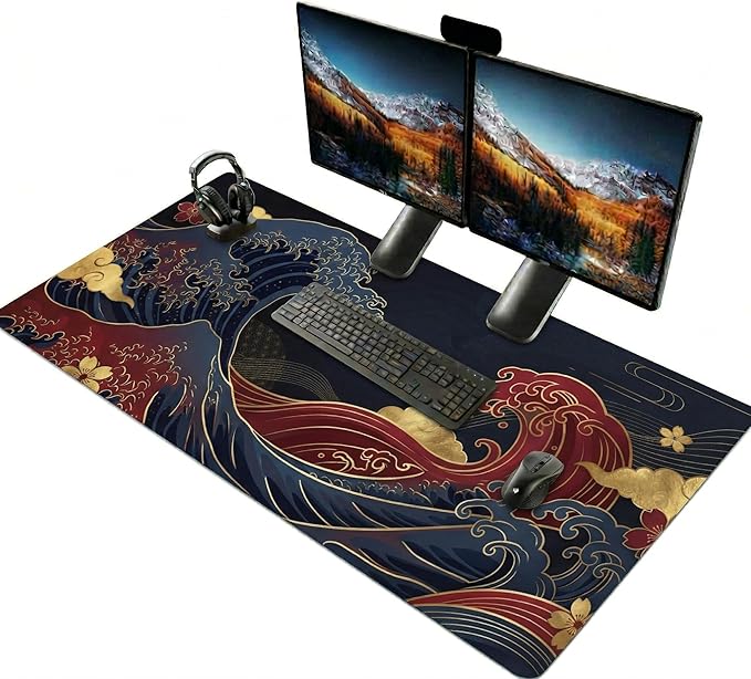 48x24in Large Gaming Mouse Pad, Traditional Japanese Wave Extended Desk Mat, Non-Slip Waterproof Keyboard Pad with Gold Accents for Home Office Gaming