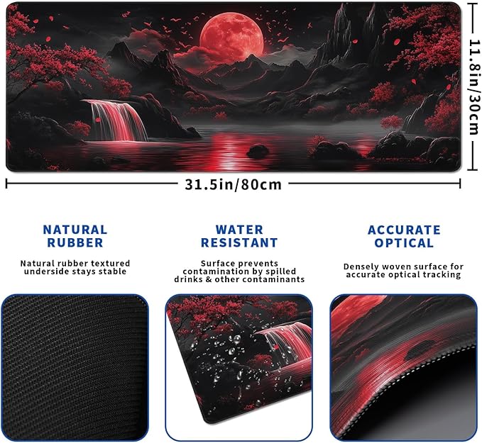 Darkness Red Moon Mouse Pad Abstract Red Mouse Pad 31.5x11.8 Inch Non-Slip Rubber Base Large Mousepad Stitched Edges Keyboard Mouse Mat Desk Pad for Office and Home(2)