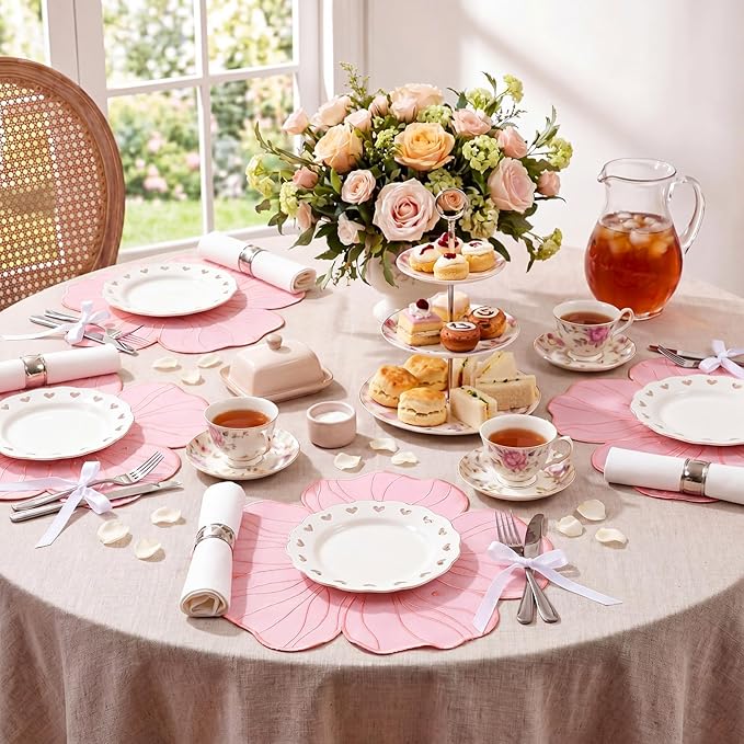 Moukeren Set of 6 Elegant Floral Placemat 16'' Flower Shaped Place Mat Flower Embroidery Table Mat for Wedding Bridal Shower Baby Shower Tea Party Kitchen Dining Table Decor(Pink)