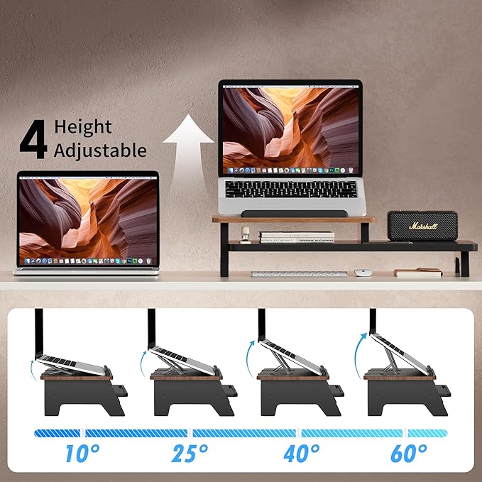 AFOOYO Adjustable Laptop Stand 2-Tier Riser Holder,Ventilated Cooling Ergonomic Computer Desk Organizer Accessories for 10-15.6" Notebook,Desktop Storage Compatible with MacBook,Dell,HP,Lenovo