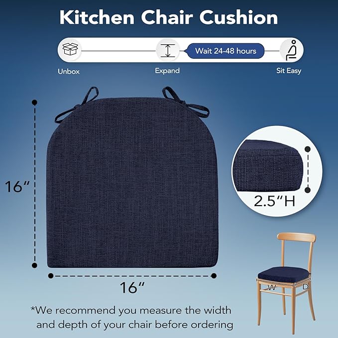 Chair Cushions for Dining Chairs, Non Slip Chair Pads with Ties and Washable Covers, Memory Foam Kitchen Chair Cushions Set of 4, 16"X16"X2.5", Navy