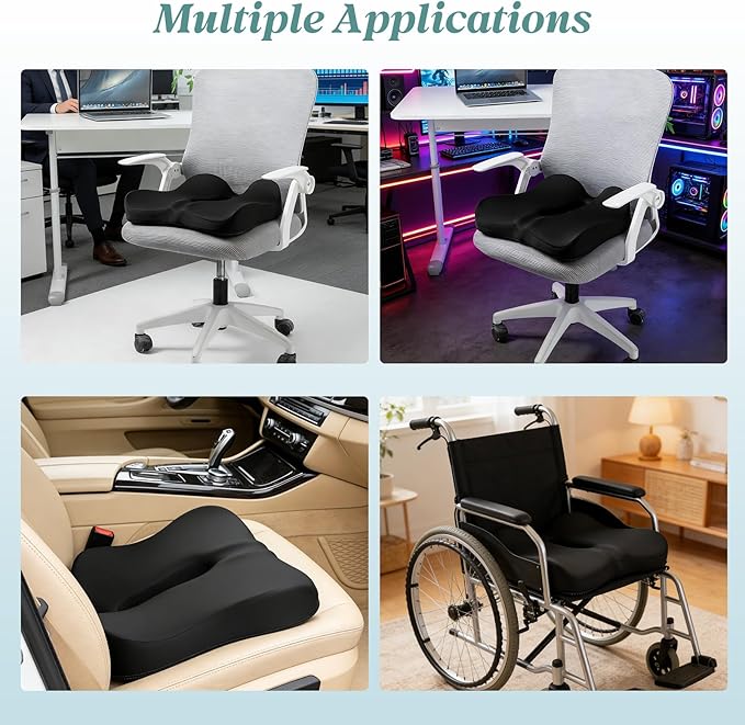 SheRest Seat Cushion, Ergonomic Memory Foam Cooling Cushion, Pressure Relief Suitable for Long Sitting Hours on Office Chairs, Desks, Cars and Airplane Seats, Black