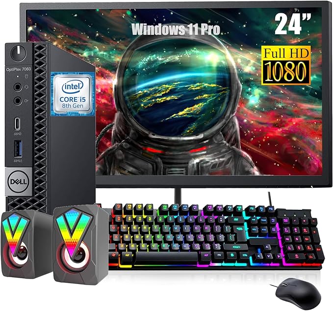 Dell OptiPlex 7060 Mini Desktop Computer with 24" FHD Monitor, RGB Speakers, Core i5-8500 3.0GHz-4.1GHz, 16GB RAM, 512GB SSD, DP Cable, RGB Keyboard, Mouse, Windows 11Pro (Renewed)