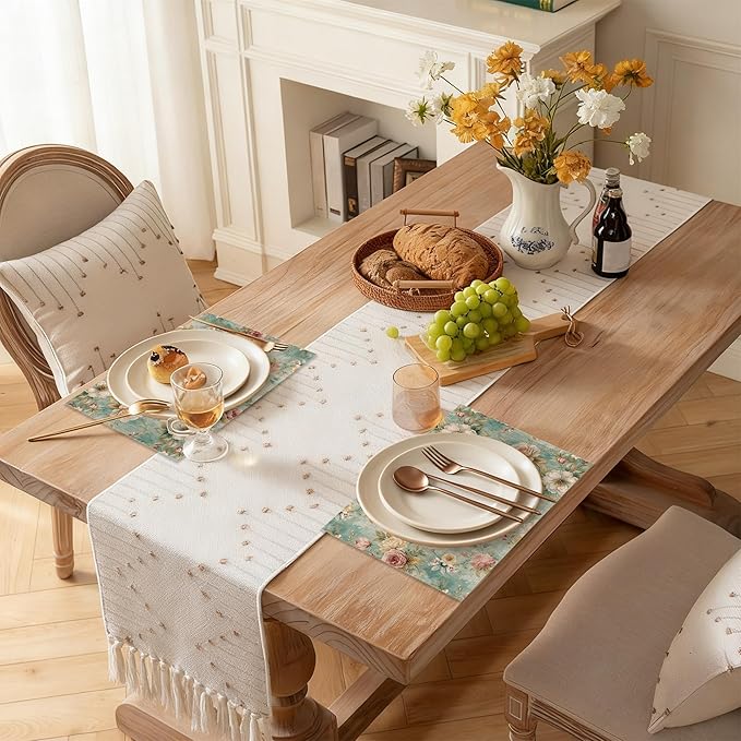 Linen Placemats Set of 6, Pink Flowers Leaves Washable Table Mats 12x18 Inch, Heat Resistant Non Slip Placemats for Dining Table Kitchen Everyday Use