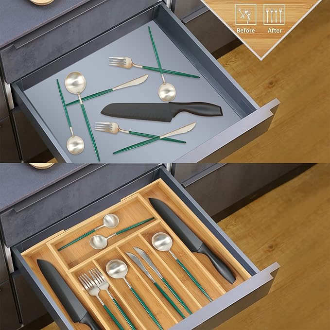 VaeFae Bamboo Drawer Organizer, Expandable Silverware Drawer Organizer, Cutlery Tray with Dividers for Kitchen Utensils, Medium