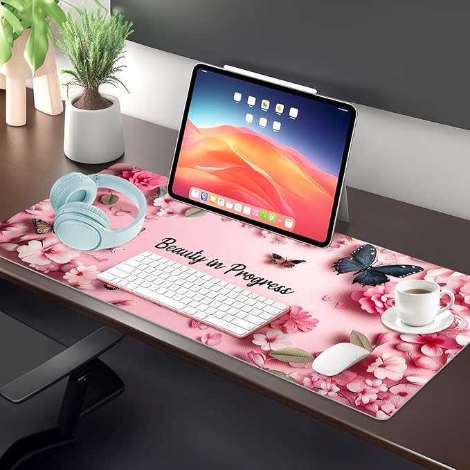 PU Leather Desk Mat Blotter,Cute Pink Desk Mat for Office, Home,School,Keyboard,Mouse,15.7"x31.5" Large Non-Slip Writing Mat with Travel Storage Strap, Waterproof Easy to Clean (Pink Butterfly)