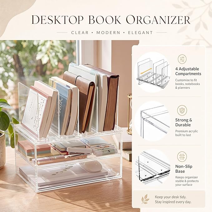 Ripeng Acrylic Desk Organizer with 2 Drawers, Vertical File Holder with 5 Detachable and Adjustable Dividers, Clear Desk Organizers and Accessories for Home, Office, School
