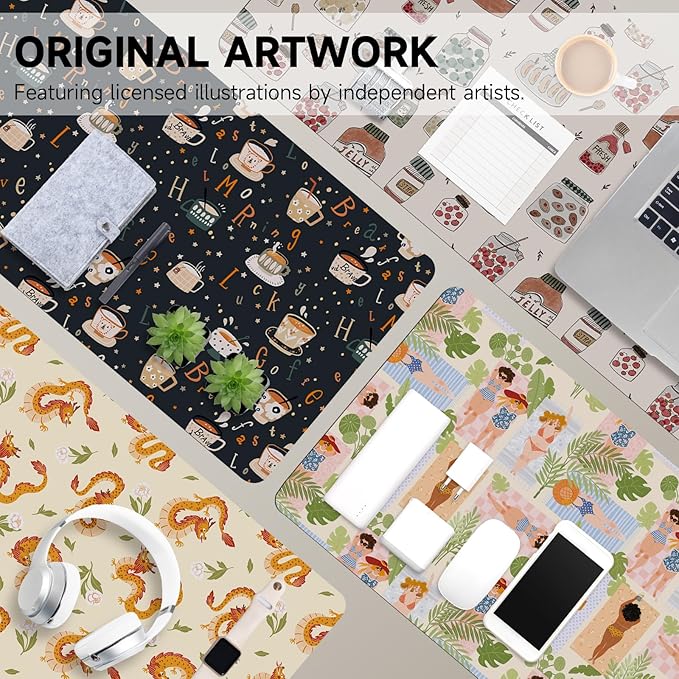 AUPET Leather Large Mouse Pad Desk Blotters – 35 x 17in Cute Desk Mat with PU Surface, Non-Slip Desk Pad Protector,Waterproof Desk Writing Pad for Office Home (Morning Coffee)