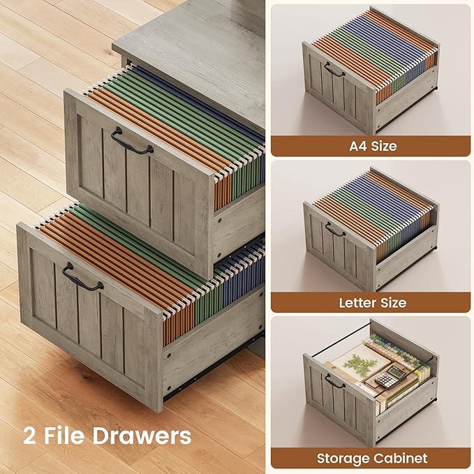 SEDETA 63" L Shaped Desk with Drawers, Farmhouse Corner Computer Desk, Wood Office Desk with File Drawers with Storage, Executive Desk with Monitor Stand and Storage Cabinet, Grey