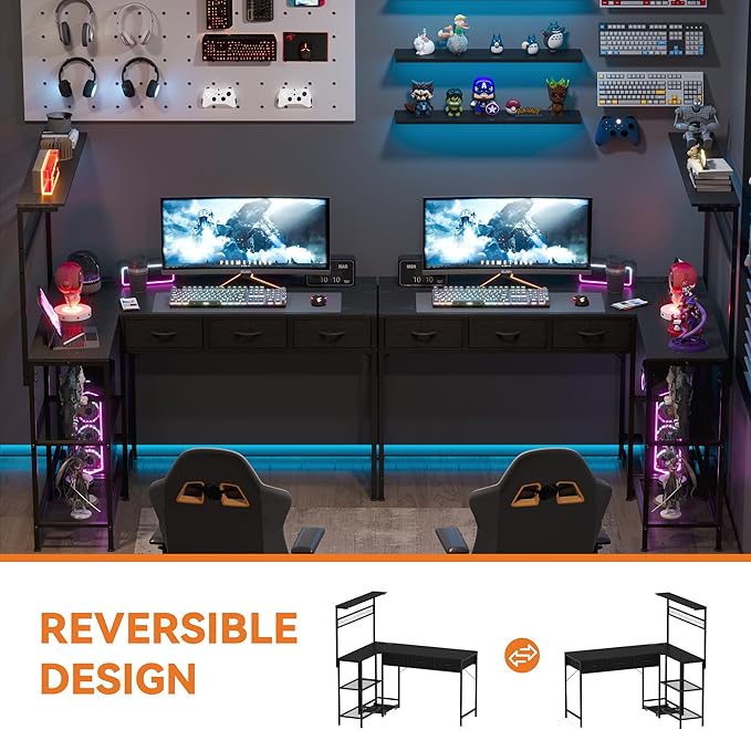 Garvee Computer Desk with 3 Fabric Drawers, 50.4 in l-Desk Display Shelves with Led Light & Power Outlet, PC Table Workstation for Home Office, Gaming Desk for Small Spaces, Black