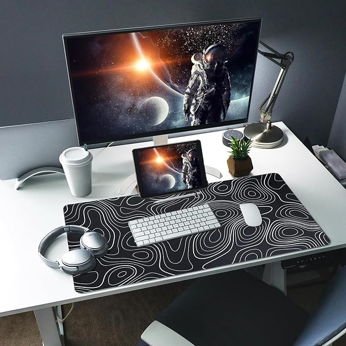 Bloss Large Gaming Mouse Pad Desk Mat, Mousepads with Anti-Slip Rubber Base, Extended Desk Pad, Mouse Mat-Black and White Topography (31.5 x 15.7 Inches, 2MM)