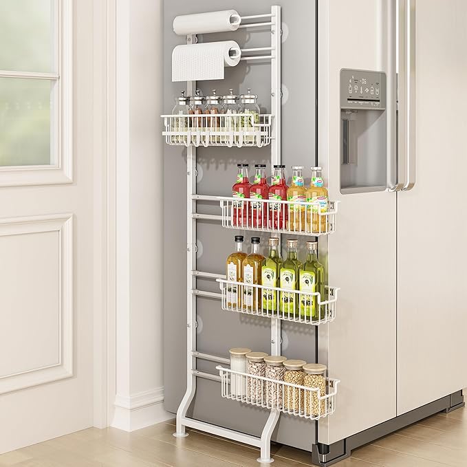 BUKFEN 6-Tier Slim Corner Shelf, Spice Rack Next to Fridge Slim, Narrow Storage Cabinet Organizer for Kitchen,Bathroom，White
