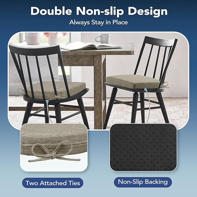 Chair Cushions for Dining Chairs, Non Slip Chair Pads with Ties and Washable Covers, Memory Foam Kitchen Chair Cushions Set of 4, 16"X16"X2.5", Khaki