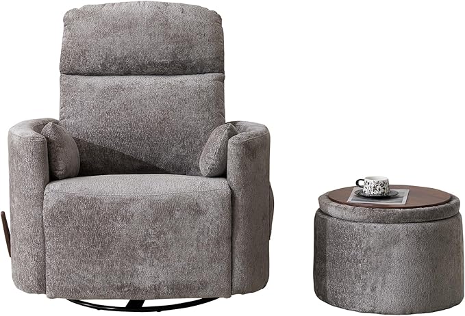 Oversized Swivel Rocker Recliner Chair with Massage and Heat, Manual Swivel Glider Rocker Recliner with 2 Bolster Pillows, Rocking Nursery Chair with Storage Ottoman , Adjustable Headrest, Dark Grey
