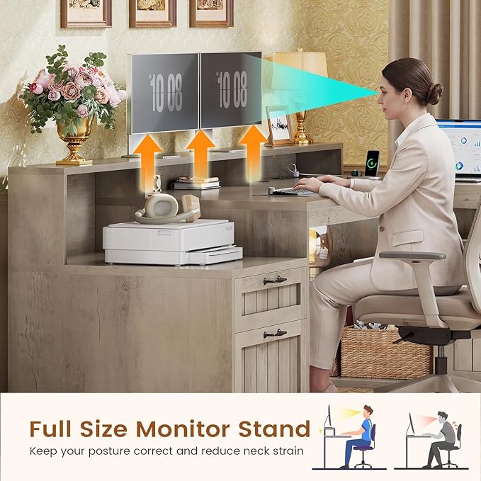 SEDETA Farmhouse L Shaped Desk with Drawers, 59" Office Desk with File Drawers, Wood Corner Computer Desk with Storage, Home Office Desks with Storage Cabinet and Monitor Stand, Grey