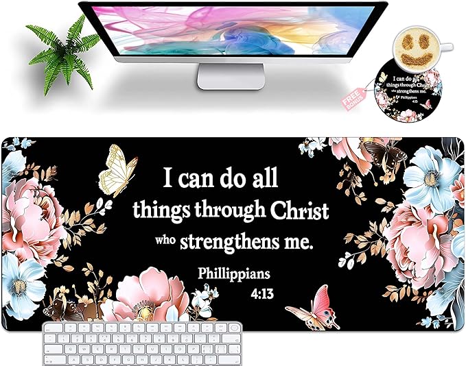 Extended Mouse Pad with Coaster 31.5 x 11.8 Desk Pad Full Desk Mousepad Stitched Edges Desk Mat Long Large Gaming Mouse Pad for Desk Office Home Bible Butterflies